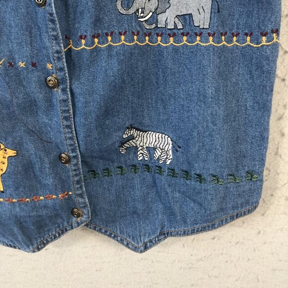 Vintage Way To Go Denim Vest Womens Large Noahs Ark Embroidered Animals 90s Rare - Picture 14 of 15